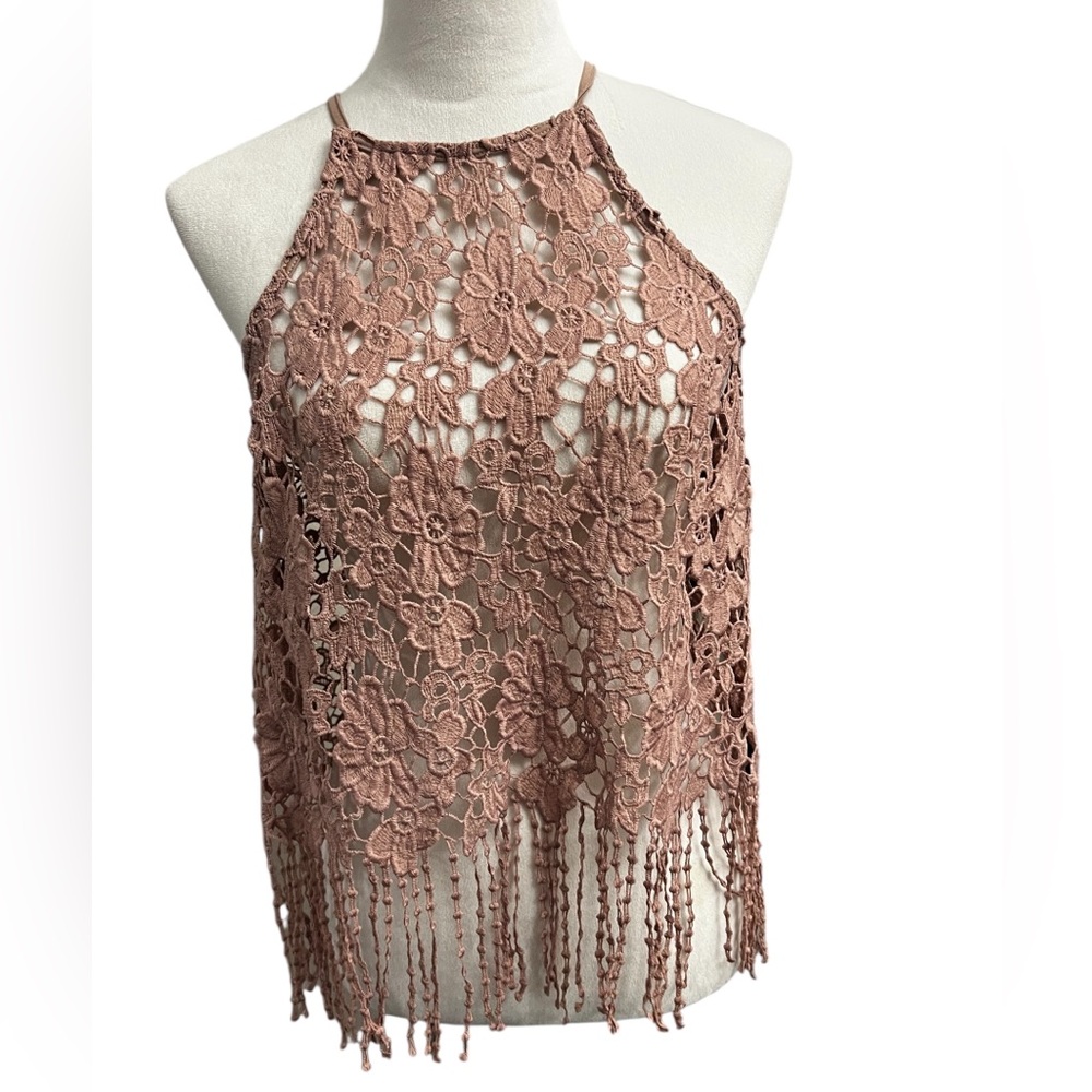 It’s Pink Lace Halter Top with Fringe Size Small